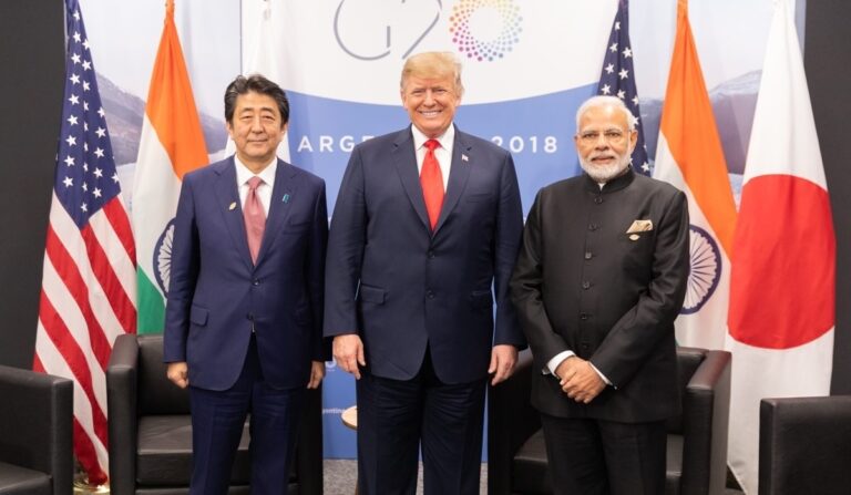 Former PM Abe with Former President Trump and PM Modi